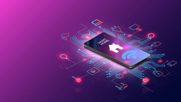 istock Smart home controlled smartphone. Internet of things technology of home automation system. Small house standing on screen mobile phone and wireless connections with icons home electronics devices. iot 1401292787