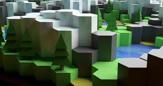 Tiny world made of hexagonal tiles. Isometric view. Video game style. Environmental conservation concept. 3D render illustration