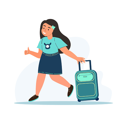 Trip for Children,Travel Concept.Bright,Happy Little Girl with Suitcase Going to Registration in Airport.Kid Tourist Character,Luggage Boarding on Airplane,Girl Traveler,Passenger. Vector Illustration