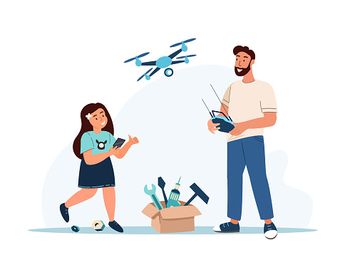Happy father Daddy with Girl daughter Playing with Flying Drone.Family with Robot Quadcopter,Innovation.Computers Tech Landing Page Template.Remote Piloted Aircraft. Flat vector isolated illustration