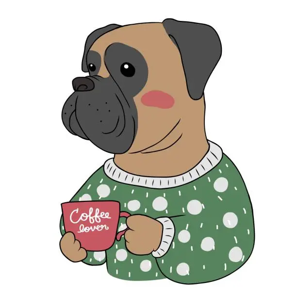 Vector illustration of Boxer dog drinking coffee cartoon vector illustration