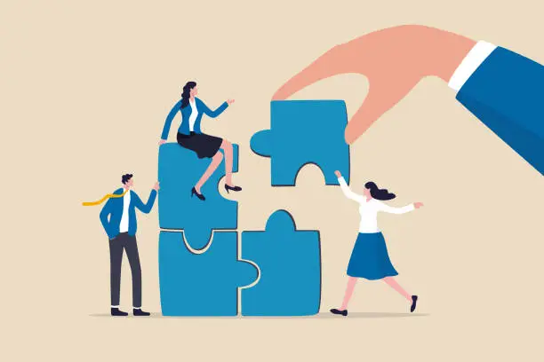 Vector illustration of Build your team, leadership to develop teamwork or business partner, cooperate or collaborate for success, assist or help, giant businessman hand connect last jigsaw puzzle to office business team.