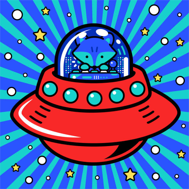 ein niedlicher fuchs-astronaut steuert ein unlimited power-raumschiff oder ufo in das metaversum - driving speed humor video game stock-grafiken, -clipart, -cartoons und -symbole