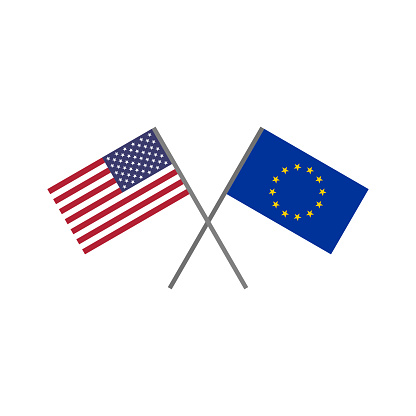 Vector editable high quality clip art of the American and European flags together. Diplomacy and international relationships concept related graphic illustration