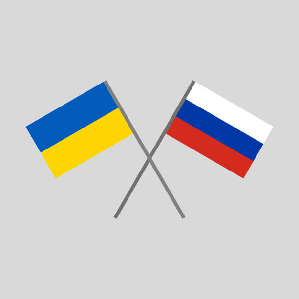 Ukraine flag and Russia flag crossing each others vector icon Vector editable high quality clip art of the Ukrainian and Russian flags together. Diplomacy and international relationships concept related graphic illustration russia flag stock illustrations