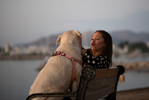 Young Woman With Her Dog on the Park Bench