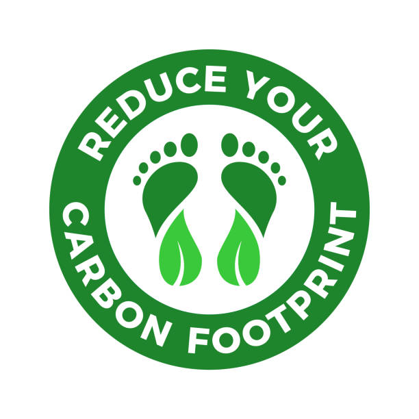 Reduce your carbon footprint logo. Net zero emission. Carbon neutrality icon. Green stamp or badge with two feet with leaves. CO2 reduction concept. Eco awareness. Vector illustration, flat, clip art carbon footprint stock illustrations