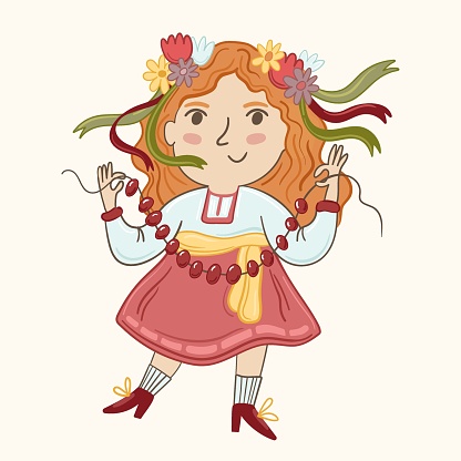 Vector illustration Ukrainian child girl with red beads, flowers, ribbons, shoes.