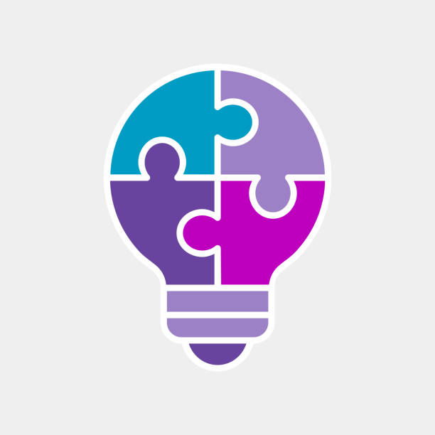 illustrazioni stock, clip art, cartoni animati e icone di tendenza di icona puzzle lampadina colorata. concetto di soluzione del problema. - solution puzzle strategy jigsaw piece