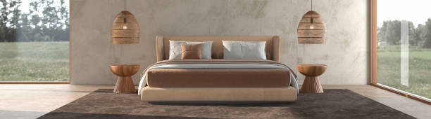 istock Minimalism modern interior scandinavian design. Bedroom with stucco wall. Panoramic windows with nature view. 3d rendering illustration. 1401304875