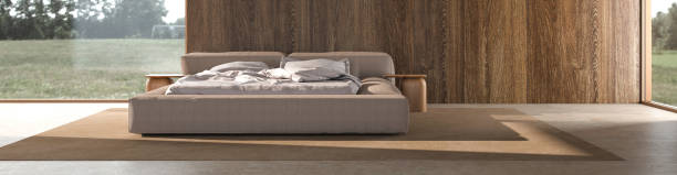 istock Minimalism modern interior scandinavian design. Bedroom with wooden wall. Panoramic windows with nature view. 3d rendering illustration. 1401304885