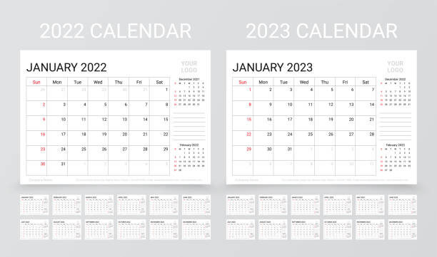2022 2023 years calendar. Planner layout. Vector illustration. Table schedule grid. Calendar for 2022 2023 years. Planner calender template. Week starts Sunday. Yearly stationery organizer with 12 month. Table schedule grid. Horizontal monthly diary layout. Vector simple illustration 2023 stock illustrations