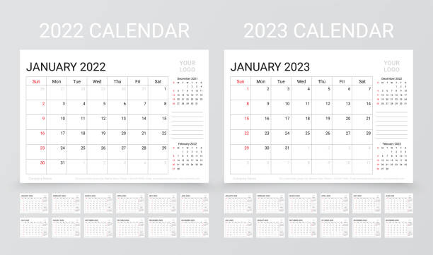 2022 2023 years calendar. Planner layout. Vector illustration. Table schedule grid. Calendar for 2022 2023 years. Planner calender template. Week starts Sunday. Yearly stationery organizer with 12 month. Table schedule grid. Horizontal monthly diary layout. Vector simple illustration calendar 2022 stock illustrations