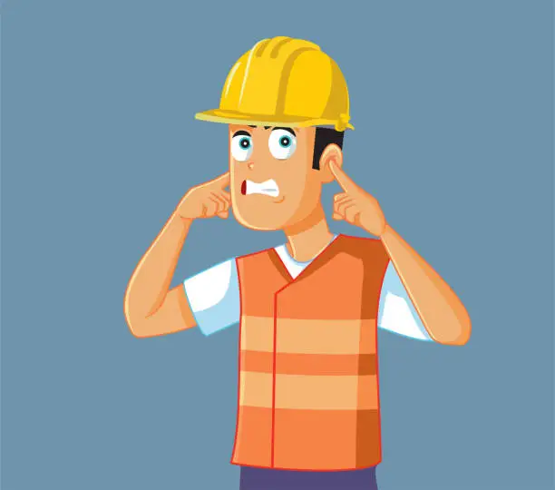 Vector illustration of Unhappy Construction Worker Covering His Ears Vector Cartoon Illustration