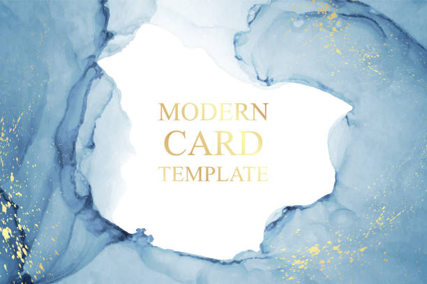 Watercolor background with abstract blue ink waves and golden glitter. Modern watercolor background or elegant card design or wallpaper or poster with abstract blue ink waves and golden glitter. thank-you-gold-greeting-card stock illustrations