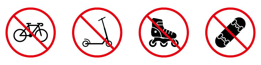 Prohibit Wheel Push Transport. Ban Rollerskate Skate Board Kick Scooter Bike Black Silhouette Icon Set. Forbid Roller Skate Pictogram. No Allowed Bicycle Red Stop Sign. Isolated Vector Illustration.