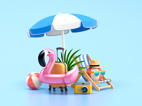 Summer concept with flamingo float, umbrella, camera, beach ball in sunglasses and beach chair. 3d illustration