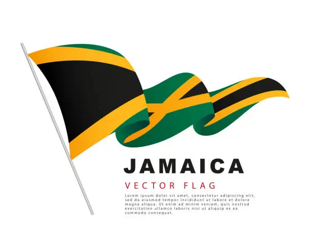 Vector illustration of The flag of Jamaica hangs on a flagpole and flutters in the wind. Vector illustration isolated on white background.