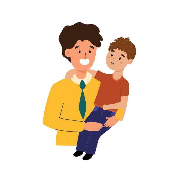 tata trzyma syna. szczęśliwy rodzinny nadruk w kreskówkowym stylu - uncle stock illustrations