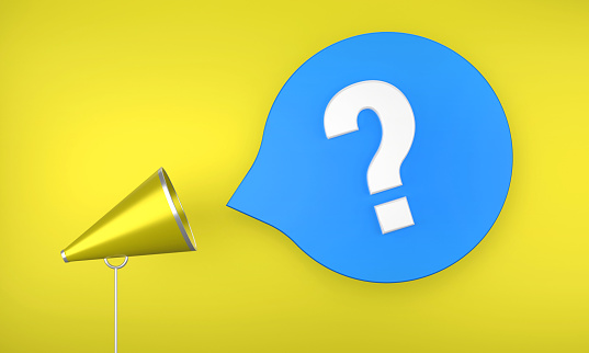 Yellow Megaphone and Question Mark On Blue Speech Bubble. Connection and Communication Concept.