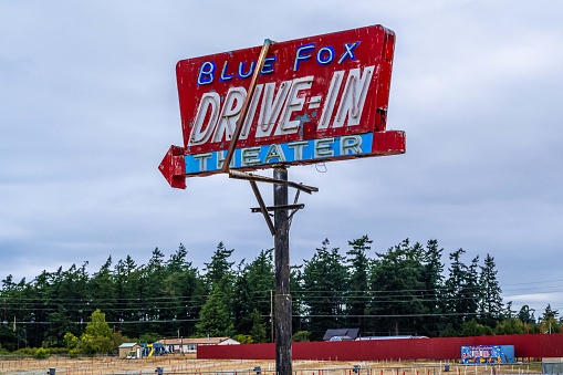 Whidbey Island, WA, USA - August 20, 2021: The Blue Fox Drive In Theater