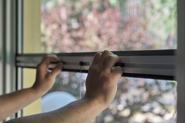 istock Man hands holding retractable insect screen holder to open or close it. 1401312719