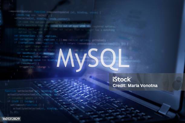 Mysql Inscription Against Laptop And Code Background Stock Photo - Download Image Now