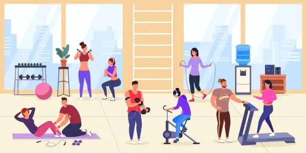 Vector illustration of Panoramic fitness gym. Weight training group adult people in sport interior, dumbbell exercise physical effort wellbeing workout, cardio worlout, cartoon garish vector illustration