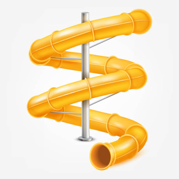 현실적인 워터 슬라이드. 3d 나선형 파이프 워터 파크 건설, 수영장 아쿠아 파크의 워터 슬라이드, 튜브 타기를위한 스플래시 파크 트위스트 터널, 스크류 배관 - slide stock illustrations