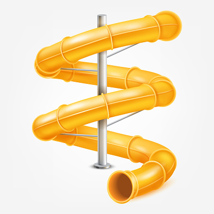 Realistic water slide. 3d spiral pipe waterpark construction, water slide in pool aqua park, splashpark twist tunnel for riding tube, screw piping family beach leisure, tidy vector illustration