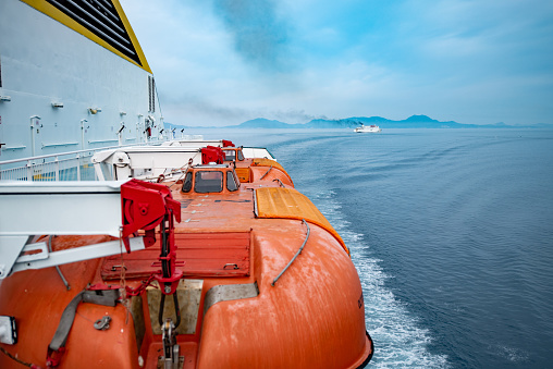 Ferry Safety Equipment - Lifeboat Close up During Navigation on Adriatic Sea