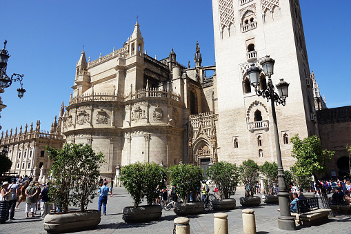 Spain. Sevilla. May 13, 2022.  The town square Plaza de la Virgen de los Reyes with the Cathedral of Sevilla