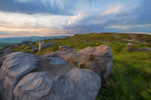 Digital oil painting of a rural landscape sunset at The Roaches, Staffordshire in the Peak District National Park, UK.