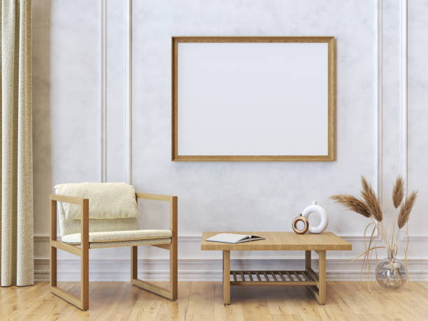 istock Mock up poster frames with armchair and curtain in modern interior 1401317442