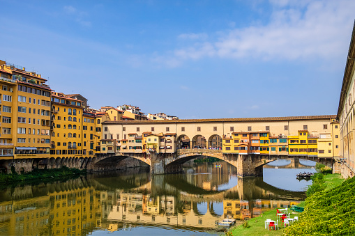 The famous Ponte Vecchio - Old Bridge - of Florence, a medieval stone closed bridge over the Arno River