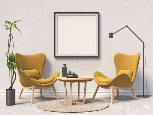 istock Mock up poster frames with two brown armchairs in modern interior background 3D render 3D illustration 1401317530
