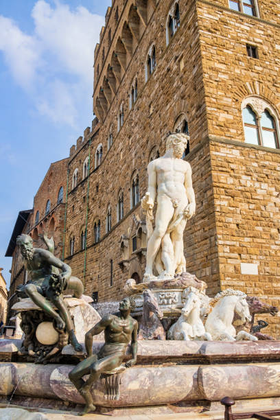 fonte de netuno, florença - toscana - palazzo vecchio piazza della signoria florence italy italy - fotografias e filmes do acervo