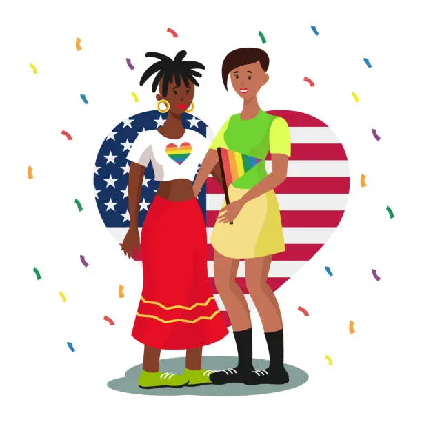 Vector illustration of LGBT family on the background of the USA flag, two women white background - Vector