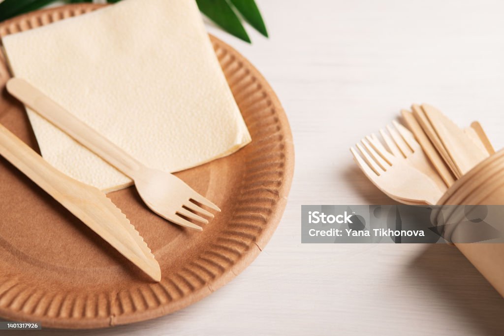 Street food take away paper packaging, disposable tableware eco Disposable Stock Photo