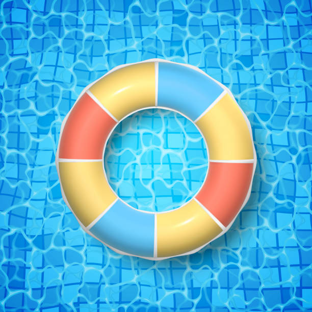 istock 3D Swim ring on the blue water background. Top view summer time symbol on ocean, sea, pool background. Vector illustration 1401318165