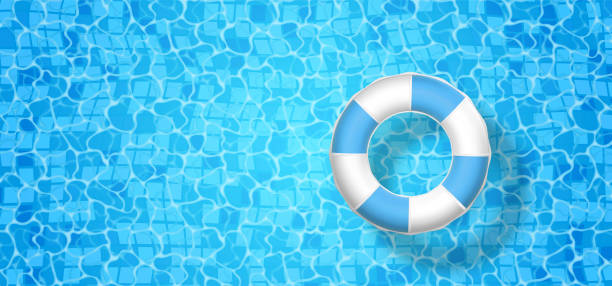 3D Swim ring on the blue water background. Realistic swiming circle. Top view summer time symbol on ocean, sea, pool background. Vector illustration 3D Swim ring on the blue water background. Realistic swiming circle. Top view summer time symbol on ocean, sea, pool background. Vector illustration. inflated pool stock illustrations