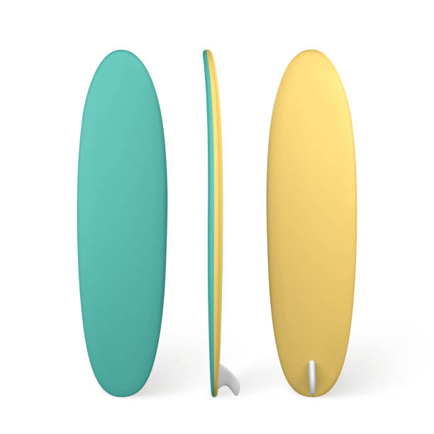 istock 3D blue and yellow surf board. Realistic summer time symbol isolated on white background. Summertime object. Vector illustration 1401318284