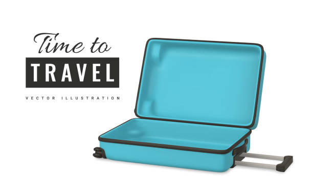 Time to travel promo banner design. 3D travel trolley bag. Realistic open plastic suitcase. Tourism symbol isolated on white background. Vector illustration Time to travel promo banner design. 3D travel trolley bag. Realistic open plastic suitcase. Tourism symbol isolated on white background. Vector illustration. suitcase stock illustrations