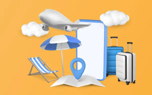Vector illustration of Time to travel promo banner design. Summer 3d realistic render vector objects. Mobile phone, travel trolley bag, sun umbrella, beach chair and plane. Summer travel. Vector illustration