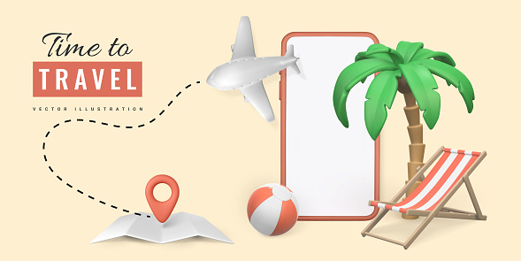 Time to travel promo banner design. Summer 3d realistic render vector objects. Tropical palm tree, beach chair and plane with pin location and map. Summer travel. Vector illustration.