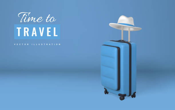 istock Time to travel promo banner design. Summer 3d realistic render vector objects. Travel trolley bag with summer mens hat. Summer travel. Vector illustration 1401319443