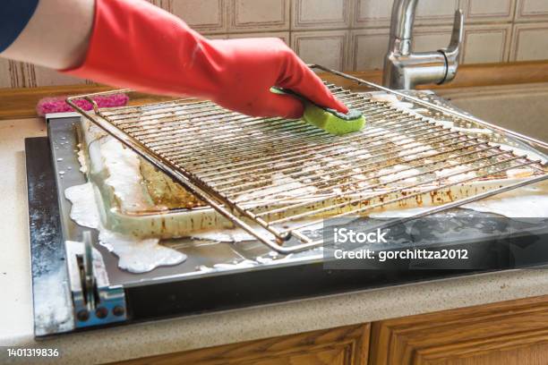 Cleaning The Oven Mans Hand In Household Cleaning Gloves Cleans Oven Inside Stock Photo - Download Image Now