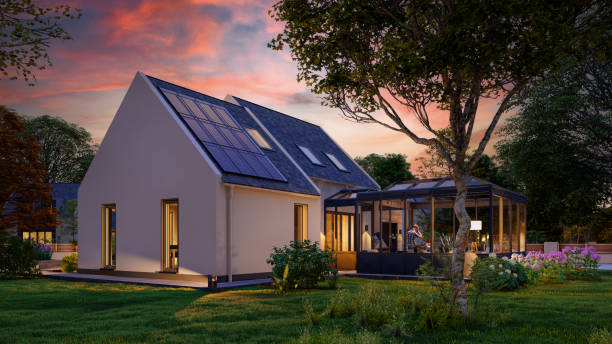 Home with veranda at night 3D rendering of a new house with veranda in a traditional style at dusk green home decor stock pictures, royalty-free photos & images