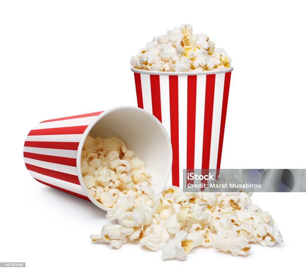 Paper buckets with delicious popcorn on white Paper buckets with delicious popcorn, isolated on white background Popcorn Stock Photo