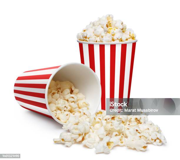 Paper Buckets With Delicious Popcorn On White Stock Photo - Download Image Now - Popcorn, White Background, Box - Container